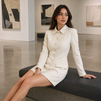 Robe mini évasée à col, manches longues et boutonnage frontal, en tissu naturel uni tissé, pour le bureau et les occasions formelles, vente en gros, personnalisation OEM