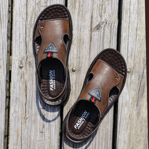 Sandales pour hommes en cuir véritable, à bride en T, bout ouvert, semelle extérieure en caoutchouc amortie, décontractées pour l'été - Product Image 4