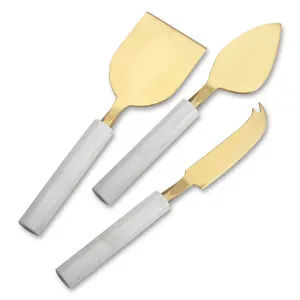 High Quality Stainless Steel Cheese Slicer Cutter 3 PCS Golden Cheese Knife With Marble Handles