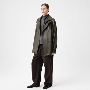 <span class=keywords><strong>Manteau</strong></span> mi-long en peau d'agneau semi-cirée <span class=keywords><strong>vert</strong></span> olive pour <span class=keywords><strong>femme</strong></span>, col à volants, ceinture ajustable, coupe-vent décontracté d'hiver avec fermeture éclair - Product Image 3