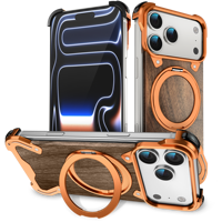 Fundas para Teléfono con Soporte Magnético de 360 Grados y Parte Trasera de Madera para iPhone 17 Pro Max, Marco de Aleación Metálica, Funda Protectora a Prueba de Golpes