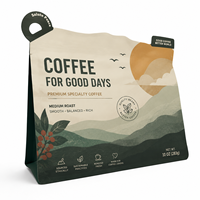 Sacs à café biodégradables imprimés en héliogravure personnalisés, valve de dégazage unidirectionnelle, fond carré, emballage alimentaire de qualité alimentaire, toucher doux mat