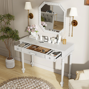 Modern Vanity <b>Desk</b> with Mirror Wood Makeup Table and Cushioned <b>Stool</b> Set with 3 Drawers for Bedroom & Hotel Use - Product Image 2