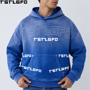 Cut And Sew Oversized Boxy <b>Hoodie</b> Men Blue Washed Contrast <b>Stitch</b> Border Wholesale - Product Image 1