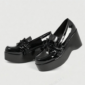 Mocasines de Plataforma con Tacón de Cuña de 9 cm para Mujer, en Charol Negro, con Volantes y Lazo, Estilo Gótico, Zapatos Chunky Harajuku Creepers para Damas - Product Image 1
