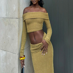 New High Elastic Fabric Off Shoulder Long Sleeve Striped Dress 2 Piece Set for Women Fashion - Product Image 2