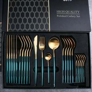 Ensemble de couverts modernes jetables en acier inoxydable 304 de haute qualité, écologiques, dorés et noirs, 72 pièces (24 pièces) - Product Image 1