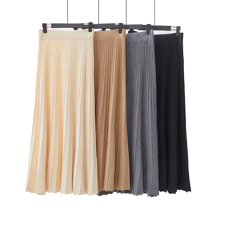 Knitwear manufacturers custom summer high waist stretch knit pleated women's long skirt