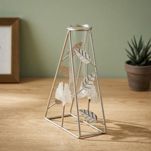 Vase de table industriel en fer avec tube en verre, hauteur 20 cm, motif feuille noire, support décoratif pour fleurs - Product Image 6