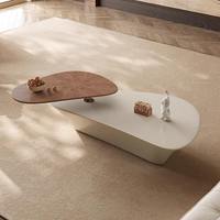 Table basse moderne double couche style farmhouse, finition grain de bois, placage soleil, base sculpturale crème pour mobilier de salon OEM