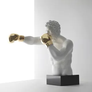 Atacado branco grande escultura de resina decoração arte escultura escultura estátua de esportes dos homens de boxe