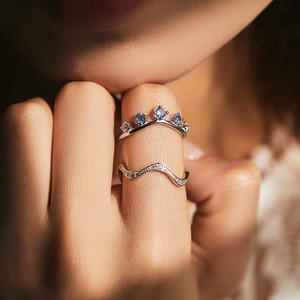 S925 Sterling Silver Curved Crown <b>Ring</b> With Gradient Blue Zircon Delicate Stackable Jewelry Gift For Ladies Daily Dating Wear - Product Image 2