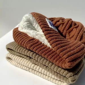 Topi kupluk rajutan datar akrilik berlapis bulu domba, penutup telinga, topi kupluk nelayan, topi perjalanan cuaca dingin, topi bordir, topi bucket - Product Image 3