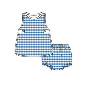 GBO0527 Ensemble de vêtements décontractés pour fillette, style personnalisé sans MOQ, imprimé à carreaux rouge et bleu, sans manches, culotte courte, vente en gros pour enfants - Product Image 5