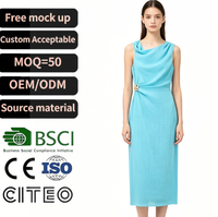Robe midi turquoise asymétrique à taille drapée et boucle métallique pour femme – Élégante tenue de bureau et de cérémonie, mode décontractée