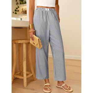 Pantalones Palazzo a Rayas para Mujer FOXA, Cintura Alta, Pierna Ancha, Corte Recortado, con Bolsillos, Transpirables, Casuales, para Descansar - Product Image 2