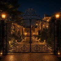 Portail d'entrée en fer forgé artisanal de luxe LINCAI |   Portail de propriété victorien à col de cygne arqué avec piliers de lanterne intégrés