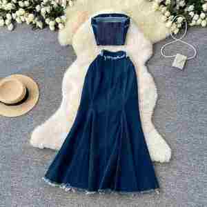 Y2K Summer Solid Woven Strapless <b>Sexy</b> 2 Piece <b>Set</b> for Women Sleeveless Tube Top and High Waist Midi Denim Skirt Wholesale - Product Image 3