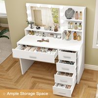 Miroir de maquillage moderne avec éclairage, 5 tiroirs de rangement, étagères, table en panneau de particules blanc, 3 modes de couleur, luminosité réglable