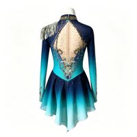 Costume de patinage artistique bleu marine dégradé, robe à manches longues en maille avec strass pour filles adultes, compétition et performance