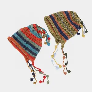 New Trendy Japanese Style Hand-crocheted Multicolor Splicing Striped Fringe Ball Ear-protection Hollow Woolen Beanie with Ears