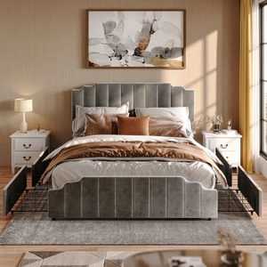 <span class=keywords><strong>Letto</strong></span> contenitore in velluto grigio trapuntato a canali verticali con cassetti <span class=keywords><strong>laterali</strong></span> e testiera ondulata, mobili <span class=keywords><strong>per</strong></span> camera da <span class=keywords><strong>letto</strong></span> King/Queen Size - Product Image 4