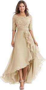 Robes <span class=keywords><strong>de</strong></span> soirée formelles en mousseline <span class=keywords><strong>de</strong></span> soie à manches mi-longues avec appliques en dentelle, longueur thé, <span class=keywords><strong>pour</strong></span> invitées <span class=keywords><strong>de</strong></span> mariage et mères <span class=keywords><strong>de</strong></span> <span class=keywords><strong>la</strong></span> mariée - Product Image 4