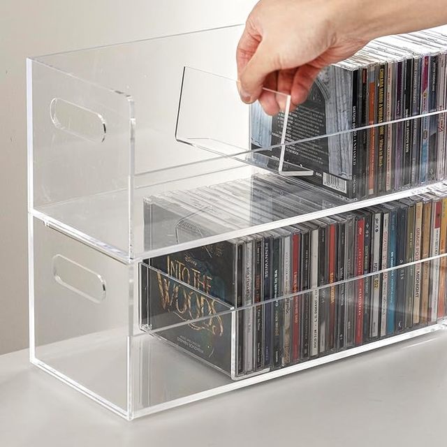 Modern Premium Compact CD Jewel Case Display Crates Cutout Carrying Handles Stackable Acrylic Media Storage Organizers Set 2