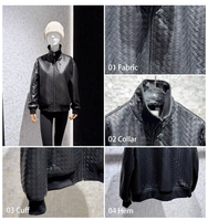 Blouson d'hiver pour homme en cuir véritable noir tressé, col montant, fermeture éclair intégrale, manches longues, poignets côtelés