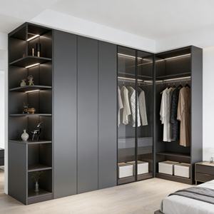 Armoire sur mesure de luxe moderne pour chambre à coucher, <span class=keywords><strong>dressing</strong></span> autoportant avec éclairage LED, portes en <span class=keywords><strong>bois</strong></span> et verre, finition noyer, blanc, gris, beige, OEM - Product Image 4