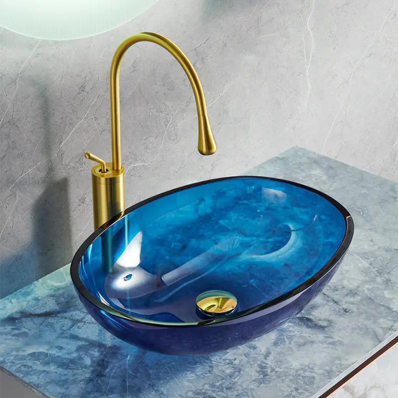 कलात्मक गोल्डन रंग लक्जरी नल काउंटर के तहत धोने संगमरमर इतालवी शौचालय ग्रेनाइट ग्लास बेसिन