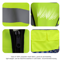 Gilet de sécurité jaune haute visibilité en tricot warp avec 3 bandes réfléchissantes, bande à carreaux bleus et 8 poches zippées