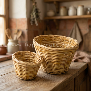 Lot de 2 paniers ronds en rotin naturel, écologiques, artisanaux, pliables et suspendables, en métal et bois, pour rangement domestique et organisation alimentaire - Product Image 2