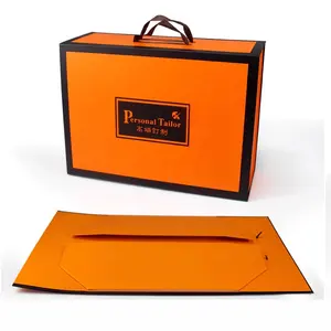 Caja de embalaje de regalo magnética de cartón con asa, diseño personalizado, naranja mate, papel rígido grande, plegable, para ropa, vestido de boda