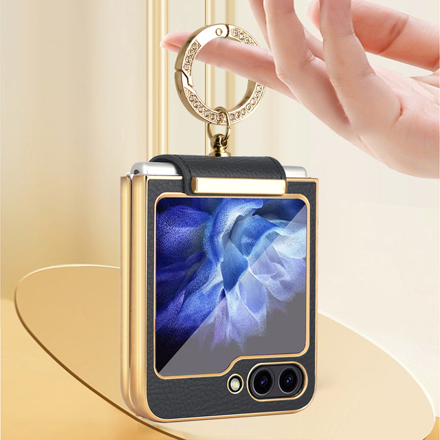VIETAO Luxury for Samsung Z Flip 5 Ring Case Shockproof Mobile Phone Film Fashion Leather Gold Black Design Electroplate Special