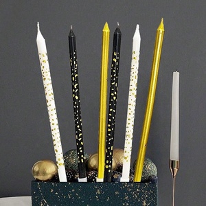 Velas Largas y Delgadas con Rayas Blancas en Soportes, Decoración para Fiestas <span class=keywords><strong>de</strong></span> Cumpleaños en Negro y Dorado, Velas para Pasteles - Product Image 6