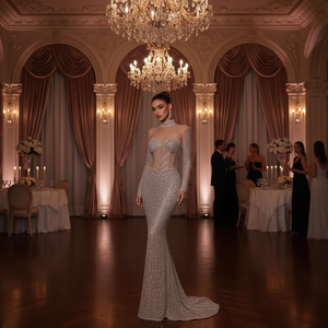 2026 New Banquet fairy Spirit champagne Color Party Strapless Mermaid Floor-Length Breathable Mesh Crystal Pearls Evening Dress - Product Image 3