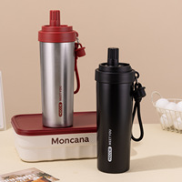 Botol Vakum Isolasi Stainless Steel 304 Warna-Warni 700ml dengan Sedotan, Mug Kopi Portabel dengan Tali, Performa Termal 6-12 Jam