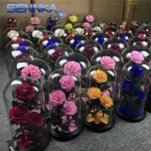 Best price Valentine day's gift eternal roses red blue color 3 roses flowers preserved roses in glass dome with gift box