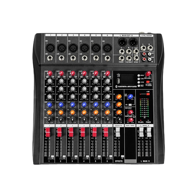 6-channel Professional Audio Console DJ Mixer with Built-in 48V Phantom Power for 3-band EQ Per Channel