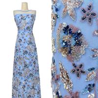 Tissu en maille élégant bleu pour robe de mariée, en tulle, dentelle, sequins, broderie perlée, pour vêtements de mode, tenues et robes