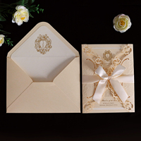 Suite d'invitations de mariage de luxe à découpe laser avec dentelle, ruban en satin et nœud, dorure à chaud personnalisée pour fiançailles, banquets et fêtes de mariage