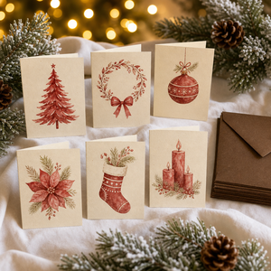 Ensemble de cartes de vœux de Noël avec 6 motifs, enveloppe en kraft, style aquarelle, cartes de fêtes traditionnelles - Product Image 2
