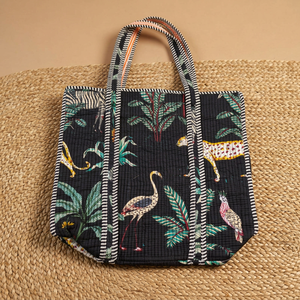 Bolsa de Mano de Algodón Negra con Cierre Abierto, Estampado Tropical de Animales de la Selva, Pájaros y Tigres, Color Sólido, Elegante, Lista para la Playa - Product Image 2