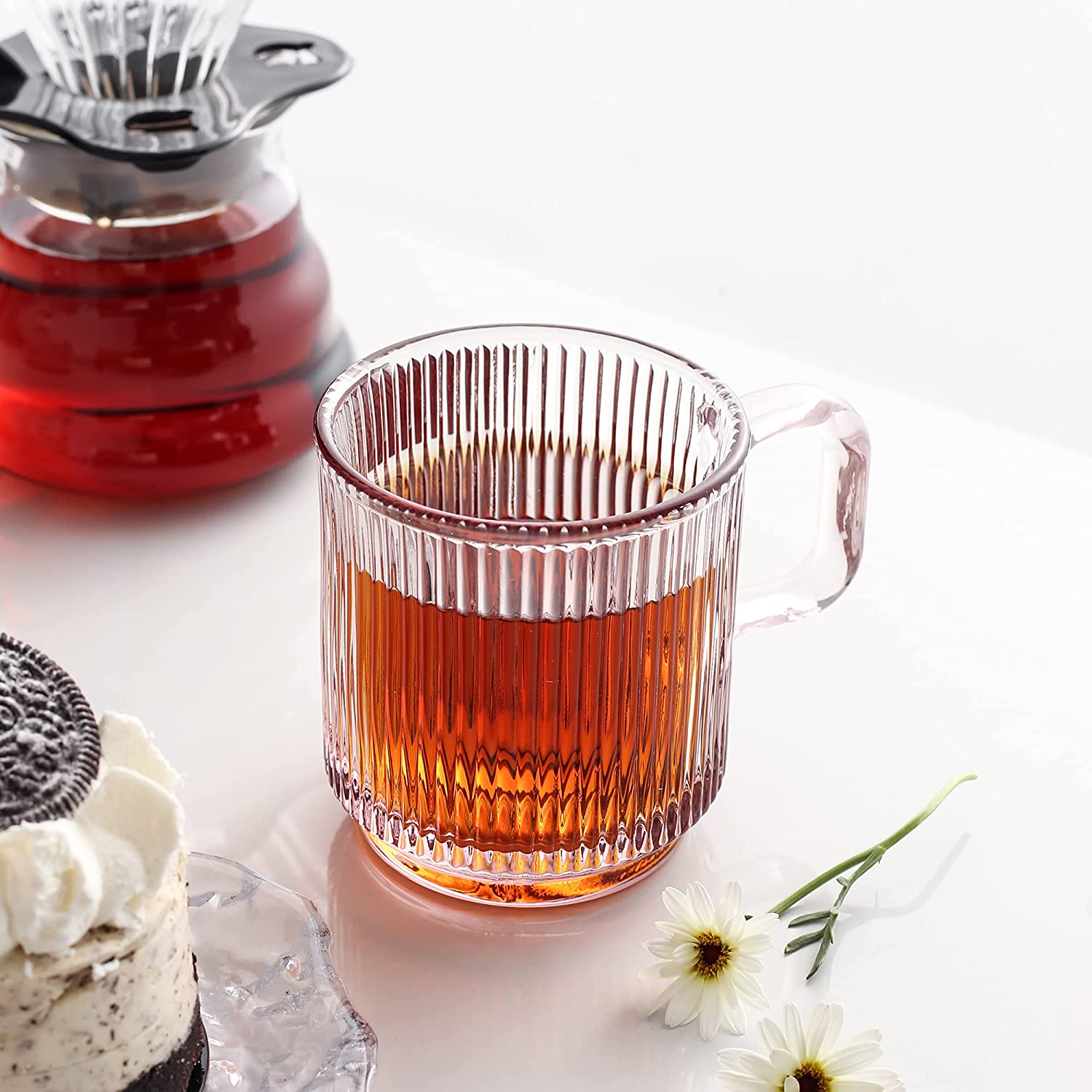 Pink Glass Coffee Mug with Lid  Premium Classical Vertical Stripes Glass Tea Cup 12.5oz