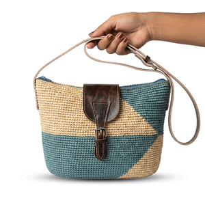 Sac à bandoulière en raphia fait main pour femme, motif géométrique, doublure en polyester, poignée en cuir, fermeture éclair - Grande capacité pour les voyages - Product Image 2