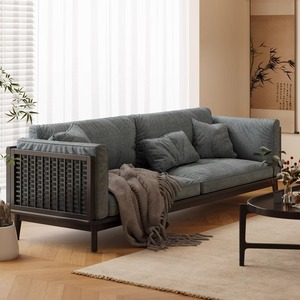 Solid Wood <b>Sofa</b> Walnut Fabric Upholstered Guest <b>Sofa</b> For Living Room New Chinese Style Furniture - Product Image 2