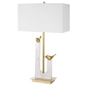 Lampe de table Art déco moderne en marbre et laiton avec abat-jour blanc |   Éclairage d'ambiance original pour hôtels de villégiature et maisons - Product Image 1