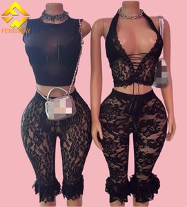 2025 été mode vêtements femmes ensemble dentelle voir à travers sans manches haut court et pantalon court ensemble - Product Image 2