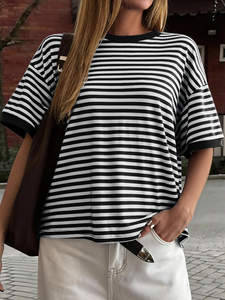 T-shirt a righe, T-shirt <span class=keywords><strong>oversize</strong></span> da <span class=keywords><strong>donna</strong></span>, T-shirt casual a righe <span class=keywords><strong>oversize</strong></span> da <span class=keywords><strong>donna</strong></span> a maniche corte girocollo, Top estivo casual - Product Image 4